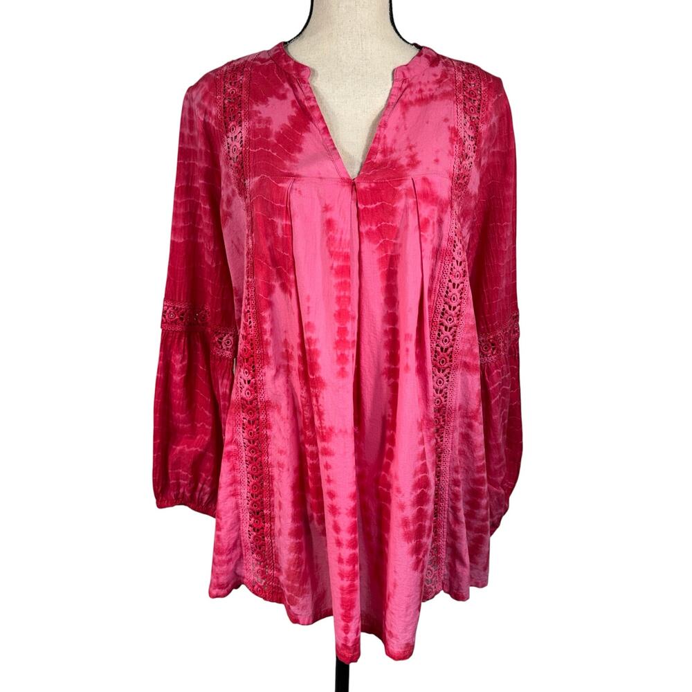 JW Style Large Top Tie-Dye Pleated V-Neck Lightweight Balloon Sleeves Crochet